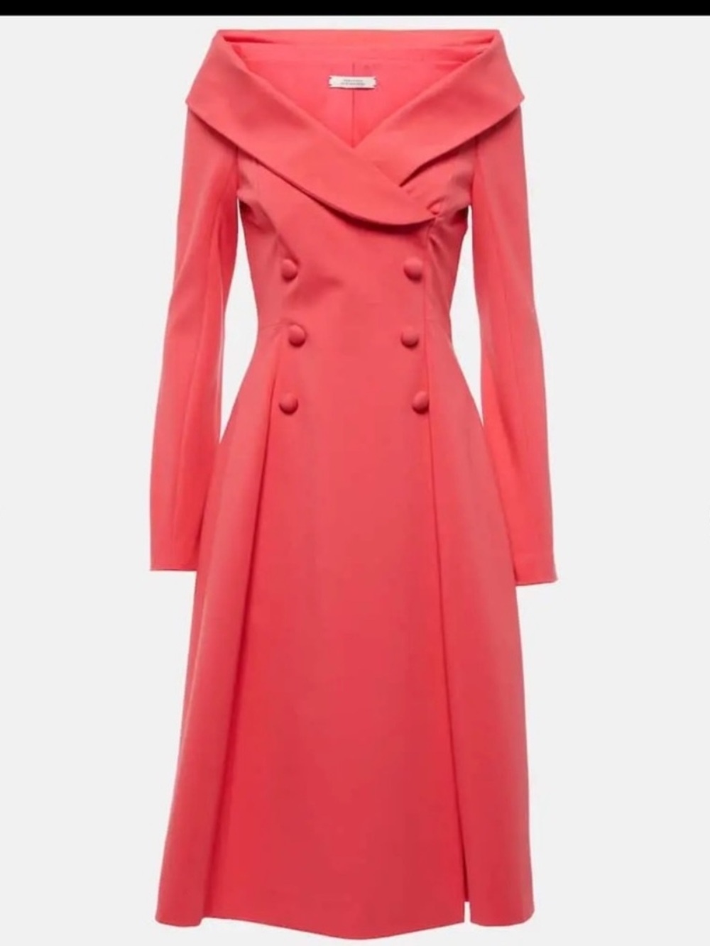 Dorothee Schumacher Off-Shoulder Coral Long-Sleeve Double-Breasted Midi Dress